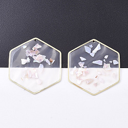 Epoxy Resin Pendants, with Shell and Brass Findings, Hexagon, Golden, Misty Rose, 45x41x2mm, Hole: 1.2mm(RESI-S365-81A)