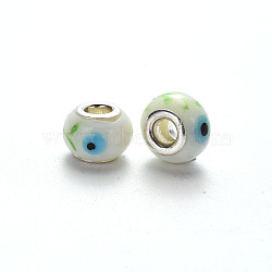 Handmade Lampwork European Beads, Large Hole Rondelle Beads, with Platinum Tone Brass Double Cores, with Eyes Pattern, Floral White, 14~16x9~10mm, Hole: 5mm(LPDL-N001-084-B10)
