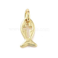 Rack Plating Brass Pendants, with Jump Rings, Long-Lasting Plated, Lead Free & Cadmium Free, Fish with Cross Charm, Real 18K Gold Plated, 10.5x6x1mm, Hole: 3mm(KK-M293-03G)