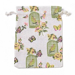 Burlap Packing Pouches, Drawstring Bags, Rectangle with Birdcage Pattern, Colorful, 17.7~18x13.1~13.3cm(ABAG-I001-13x18-02)