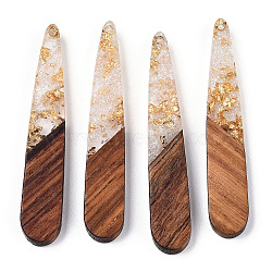 Transparent Resin & Walnut Wood Pendants, with Gold Foil, Teardrop Charms, Waxed, Floral White, 44x7.5x3.5mm, Hole: 1.5mm(RESI-N039-69A)