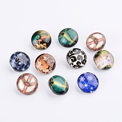 Mixed Flat Round Brass Jewelry Snap Buttons, with Resin/Glass Cabochons, Mixed Color, 18x6~7mm, Knob: 5~5.3mm(SNAP-MSMC001-01)