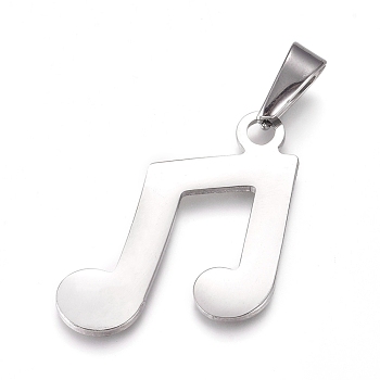 304 Stainless Steel Pendants, Musical Note, Stainless Steel Color, 33x25x1.5mm, Hole: 10x4mm