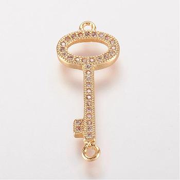 Brass Micro Pave Cubic Zirconia Links, Key, Golden, 26x10x2mm, Hole: 1mm