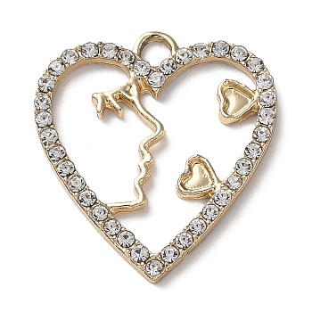 UV Plating Light Gold Alloy Rhinestone Pendants, Heart with Human Face Charm, Crystal, 24x21.5x2mm, Hole: 2.7mm