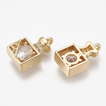 Brass Charms, Real 18K Gold Plated, with Cubic Zirconia, Perfume Bottle, Clear, 13x7.5x4.5mm, Hole: 1.2mm