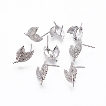 Brass Stud Earring Findings, with Loop, Leaf, Platinum, 15x10x2mm, Hole: 2mm, Pin: 0.5mm