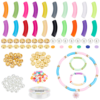 Elite Curved Tube Chunky Bracelet Making Kit, Including Acrylic & Glass Pearl & Brass & Iron Rhinestone & Polymer Clay Disc Beads, Mixed Color, Beads: 280Pcs/box