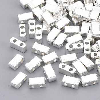 Electroplate Glass Seed Beads, 2-Hole, Rectangle, Silver Plated, 4.5~5.5x2x2~2.5mm, Hole: 0.5~0.8mm