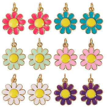12Pcs 6 Colors Brass Enamel Charms, Real 18K Gold Plated, Long-Lasting Plated, Flower, Mixed Color, 15x13x2mm, Hole: 3.4mm, 2pcs/color