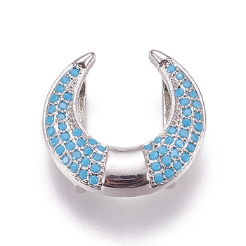 Brass Micro Pave Cubic Zirconia Slide Charms, Double Horn/Crescent Moon, Deep Sky Blue, Platinum, 18x19x6mm, Hole: 2x12mm