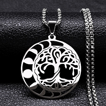 304 Stainless Steel Box Chain Necklaces, Flat Round with Tree of Life Pendant Necklaces, Stainless Steel Color, 19.33 inch(49.1cm)