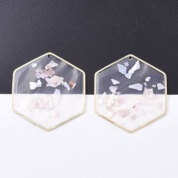 Epoxy Resin Pendants, with Shell and Brass Findings, Hexagon, Golden, Misty Rose, 45x41x2mm, Hole: 1.2mm