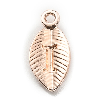 Alloy Pendants, Leaf with Letter Charm, Rose Gold, Letter.I, 15.5x7.5x2.5mm, Hole: 1.5mm