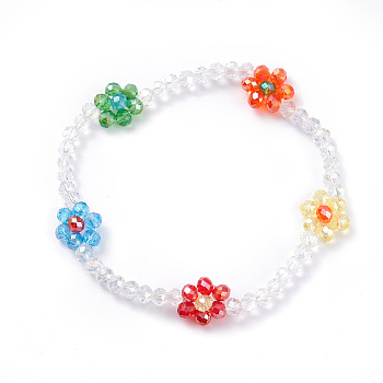 Bling Glass Beaded Flower Stretch Bracelet, Braided Woven Jewelry  for Women, Colorful, Inner Diameter: 2-1/8 inch(5.4cm)