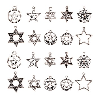 100Pcs 10 Styles Tibetan Style Alloy Pentacle Pendants, Wicca Pendants, Star & Flat Round & Star of David, Antique Silver, 23x21x2mm, Hole: 1mm, 10pcs/style