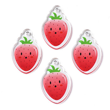 Translucent Acrylic Pendants, Double-Faced Printed, Strawberry, Red, 26.5x16.5x2mm, Hole: 2mm