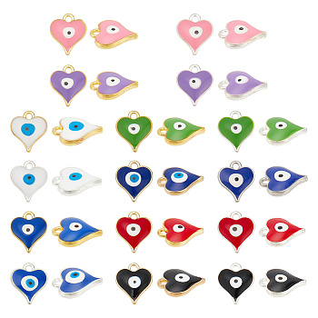 64Pcs 16 Colors Alloy Enamel Charms, Heart with Evil Eye Charm, Mixed Color, 14x12.5x4mm, Hole: 1.8mm, 4pcs/color