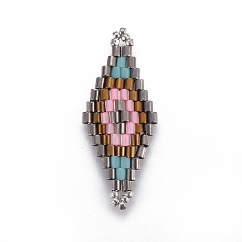 MIYUKI & TOHO Handmade Japanese Seed Beads Links, Loom Pattern, Rhombus, Colorful, 31.4~33x12.7~13.4x1.6~1.7mm, Hole: 1~1.4mm
