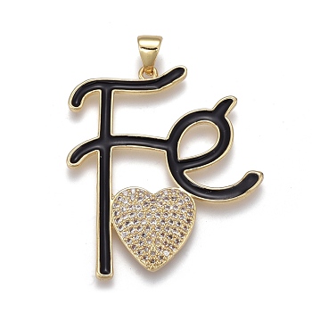 Brass Micro Pave Cubic Zirconia Pendants, with Enamel, Long-Lasting Plated, Real 18K Gold Plated, Letter and Heart, Black, 35x30.5x3mm, Hole: 3x5mm