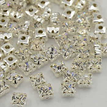 Sew on Rhinestone, Grade A Glass Rhinestone, with Brass Prong Settings, Garments Accessories, Silver Color Plated Metal Color, Crystal, 5.96~6.14x5.96~6.14mm, Hole: 1mm, about 720pcs/bag