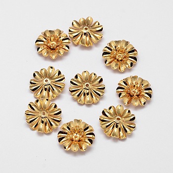 Flower Brass Bead Caps, Cadmium Free & Nickel Free & Lead Free, Real 18K Gold Plated, 14x5mm, Hole: 1mm