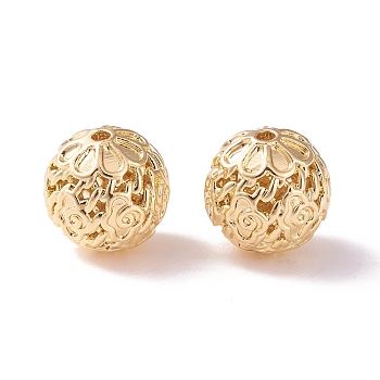 Brass Hollow Beads, Round with Flower, Golden, 8mm, Hole: 0.8mm