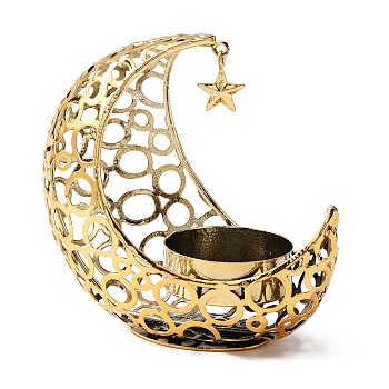 Hollow Moon Iron Candle Holder, with Star Charm, Round Candlestick Base, Golden, 10x10.1x5.9cm