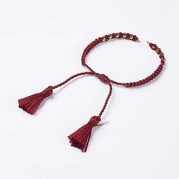 Polyester DIY Braided Bracelet Making, with Brass Findings and Tassel, Dark Red, 9-7/8 inch(250mm), 5mm, Hole: 2mm, Tassels: 24x5mm