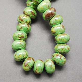 Handmade Porcelain European Beads, Large Hole Beads, Pearlized, Rondelle, Light Green, 12x9mm