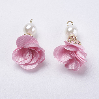 Nylon Pendant Decorations, with Iron Findings, and Acrylic Pearl Beads, Flower, Light Gold, Pink, 30x27mm, Hole: 2mm