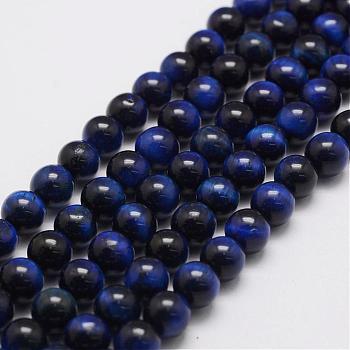 Natural Tiger Eye Bead Strands, Round, Dyed & Heated, Dark Blue, 14mm, Hole: 1.5mm, about 28pcs/strand, 14.9 inch~15.5 inch