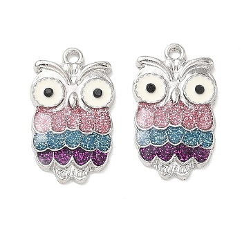 Alloy Enamel Pendants, with Jet Rhinestone and Glitter Powder, Owl Charms, Platinum, 23x14x2.5mm, Hole: 1.6mm