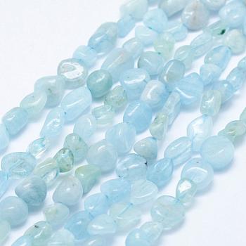 Natural Aquamarine Beads Strands, Tumbled Stone, Nuggets, 5~11x4~8mm, Hole: 1mm, 15.3 inch~15.7 inch(39~40cm)