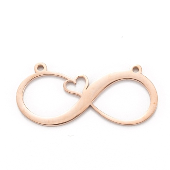 304 Stainless Steel Pendants, Laser Cut, Infinity with Heart, Rose Gold, 17x37x1.4mm, Hole: 1.6mm