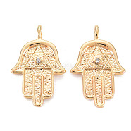 Brass Micro Pave Clear Cubic Zirconia Pendants, Nickel Free, Textured, Hamsa Hand/Hand of Miriam, Real 18K Gold Plated, 23x14.5x1.5mm, Hole: 2mm(KK-S356-539G-NF)