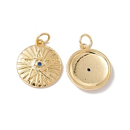 Rack Plating Brass Micro Pave Blue Cubic Zirconia Pendants, with Jump Ring, Cadmium Free & Nickel Free & Lead Free, Flat Round with Star, Real 18K Gold Plated, 17x15x2.5mm, Jump Ring: 5x0.6mm, Inner Diameter: 3.8mm(ZIRC-C040-38G)