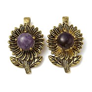 Natural Amethyst Pendants, with Rack Plating Antique Golden Tone Brass Findings, Cadmium Free & Lead Free, Flower Charms, 34x22x15mm, Hole: 8x4.5mm(G-A095-03AG-02)