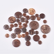 Wooden Buttons, 4-Hole, Flat Round, Coconut Brown, 10~20x2.5~3.5mm, Hole: 1.5~2mm(BUTT-K007-04)