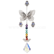 Natural Mixed Stone Pendant Decorations, with Alloy Findings, Butterfly, Antique Silver & Platinum, 257mm(HJEW-TA00167)