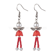 304 Stainless Steel Fairy Dangle Earrings, Glass Seed & Acrylic Pearl Long Drop Earrings, Red, 55.5x14mm(EJEW-MZ00129-03)