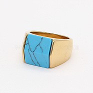 Rectangle Synthetic Turquoise Finger Ring, Golden Titanium Steel Jewelry, Golden, US Size 11 1/4(20.7mm)(FIND-PW0021-08E-G)