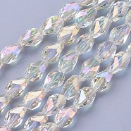 Electroplate Glass Beads Strands, Full Rainbow Plated, teardrop, Faceted, Clear, 8.5x6x6mm, Hole: 1mm, 21.2~23.2 inch(54~59cm), 65~70pcs/strand(X-EGLA-I009-FR04)