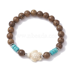 Beach Tortoise Synthetic Turquoise Bracelets, 8mm Wenge Wood Round Beaded Stretch Bracelets for Women, Floral White, Inner Diameter: 2 inch(5.2cm), bead: 8mm, tortoise: 17x14mm(BJEW-JB10303-01)