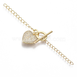 Brass Micro Pave Clear Cubic Zirconia Chain Extender, with Toggle Clasps, Ring with Heart, Nickel Free, Real 18K Gold Plated, 85mm, Ring: 14.5mm long, 10mm wide, 2mm thick, Bar: 4.5mm long, 21.5mm wide, 2mm thick(KK-T059-02G-NF)