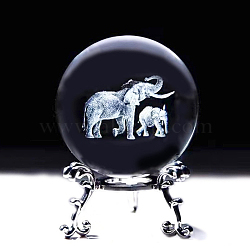 Glass 3D Laser Engraved Elephant Crystal Ball with Metal Stand, for Home Desktop Decoration, Clear, 60mm(ELEP-PW0001-68A)
