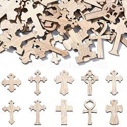 Unfinished Wood Pendants, DIY Craft Supplies, Cross, Floral White, 2.9~3.95x2.6~3x0.25cm, Hole: 1.4~1.8mm, about 100pcs/set(WOOD-CJC0001-09)