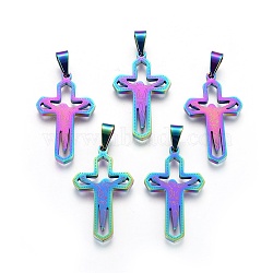 Ion Plating(IP) 304 Stainless Steel Pendants, For Easter, Crucifix Cross, Rainbow Color, 32x19x2mm, Hole: 3x7mm(STAS-F211-18)