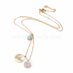 304 Stainless Steel Pendant Necklaces, with Polymer Clay Rhinestone, Flat Round with Drop, Golden, 18.1 inch(46cm), Flat Round: 18x15x1mm and 14x11x2.5mm, Teardrop: 11.5x7x4mm(NJEW-F264-20G)