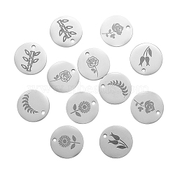 12Pcs 6 Style 304 Stainless Steel Plant Charms, Laser Cut, Flat Round, Stainless Steel Color, 2pcs/style(STAS-CJ0001-140)